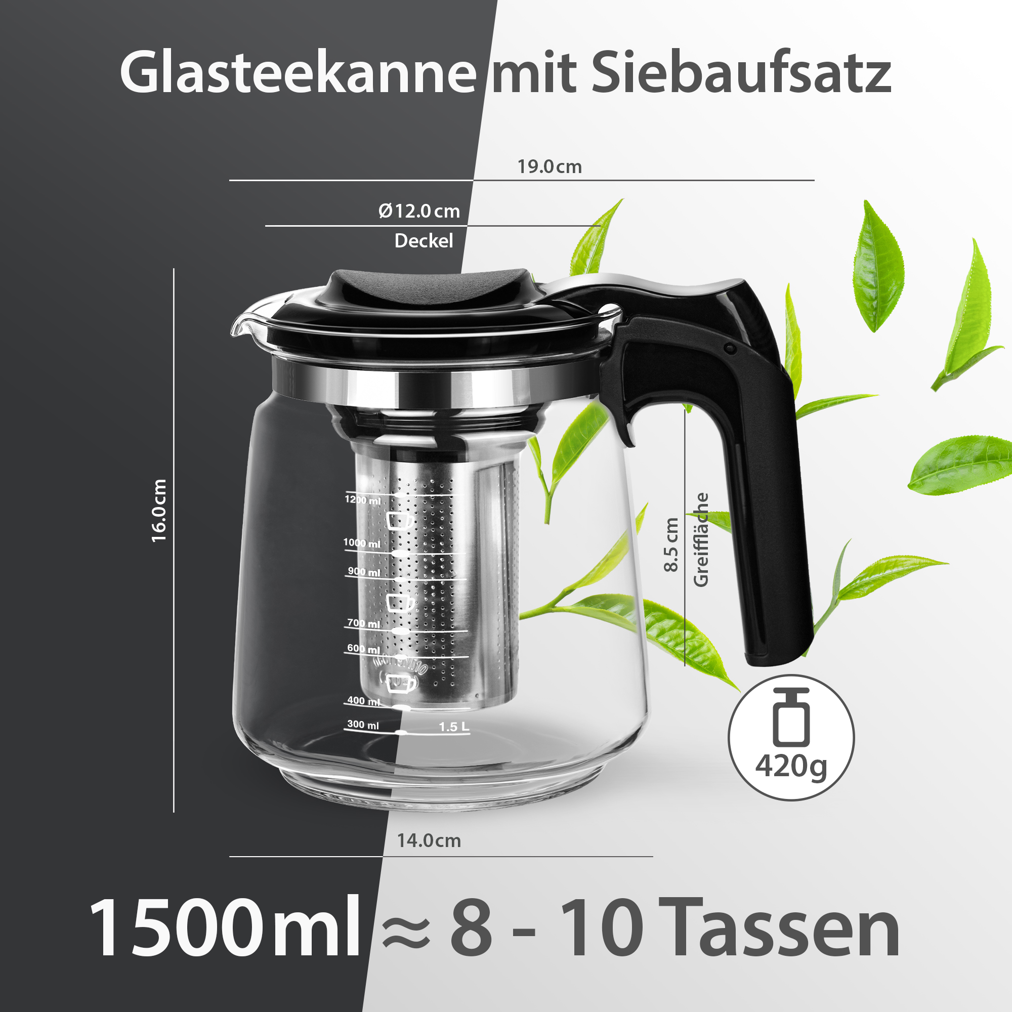 T24 Glas Teekanne Mit Edelstahlsieb Elegant, 1500 Ml, Schwarz