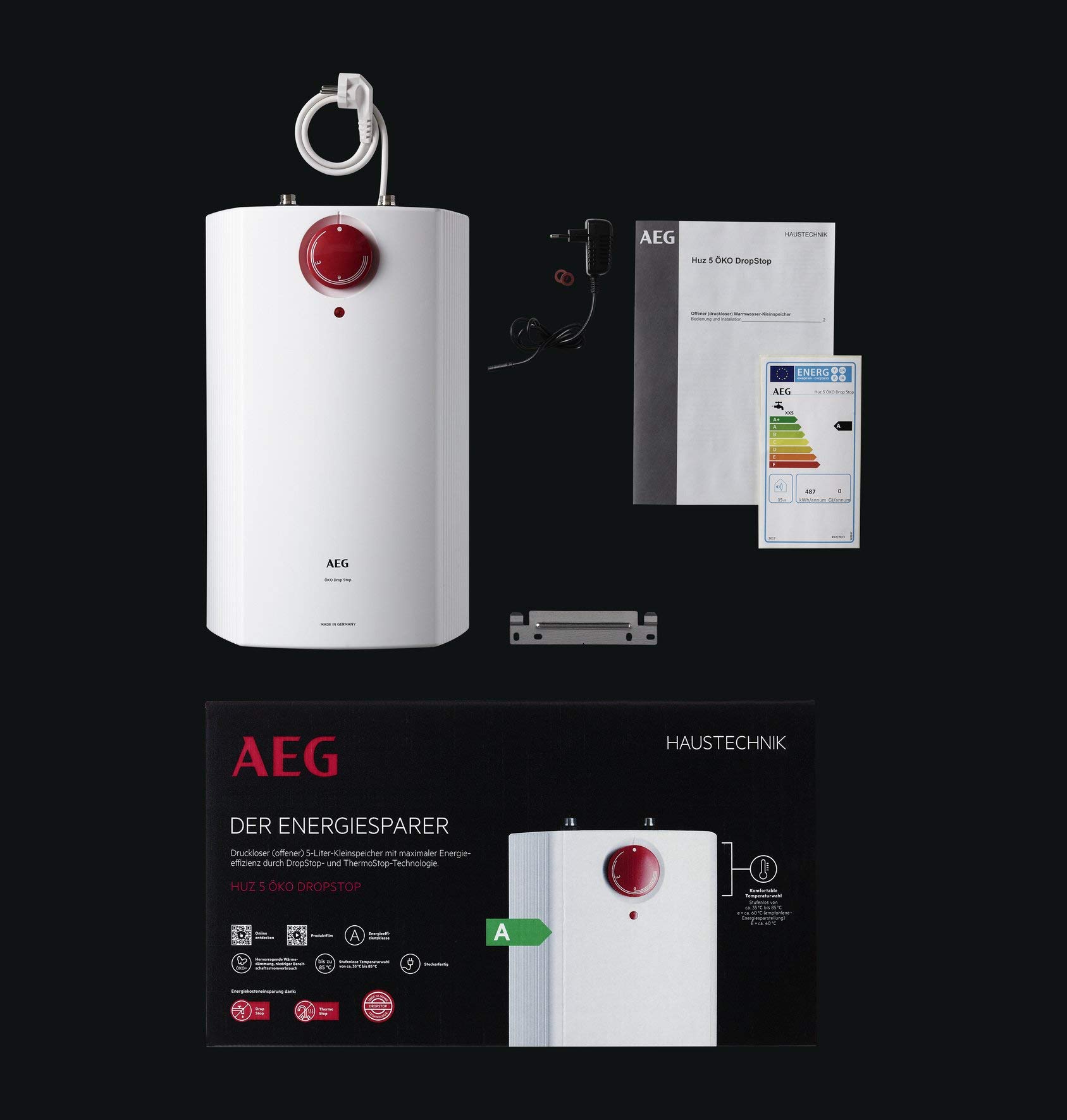 AEG druckloser Kleinspeicher HUZ 5 Öko DropStop, Untertischboiler 5 Liter Niederdruck, mit ThermoStop, stufenlose Temperaturwahl von 35-85 °C, steckerfertig, 2 kW, 222167