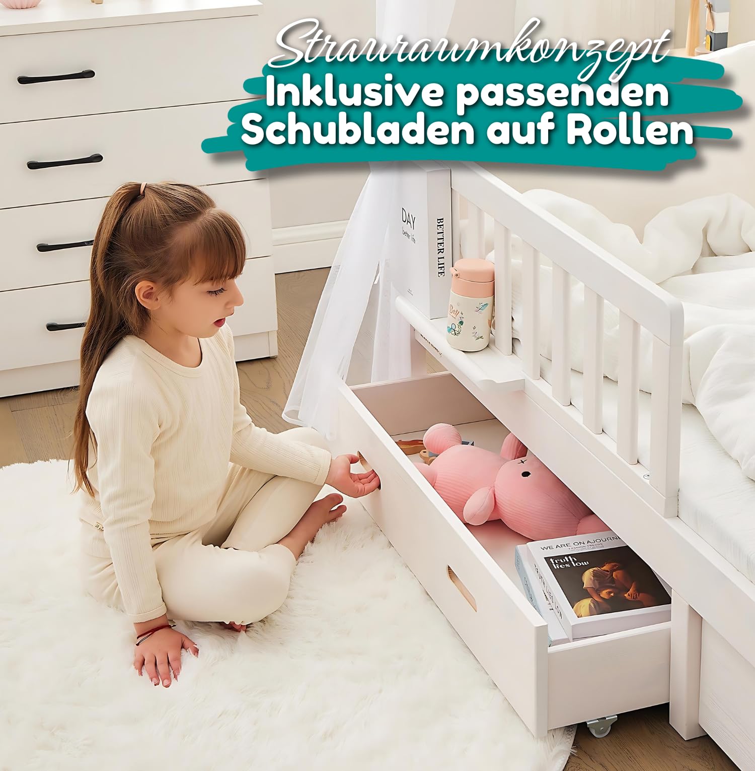 ALAVYA HOME® Hausbett 90x200 cm Cloud mit Schublade, Matratze und 3-TLG DEKO Set Khaki, inkl. Buchablage Rausfallschutz und Lattenrost, FSC zertifizierter I Kinderbett 90x200 für Mädchen und Jungen