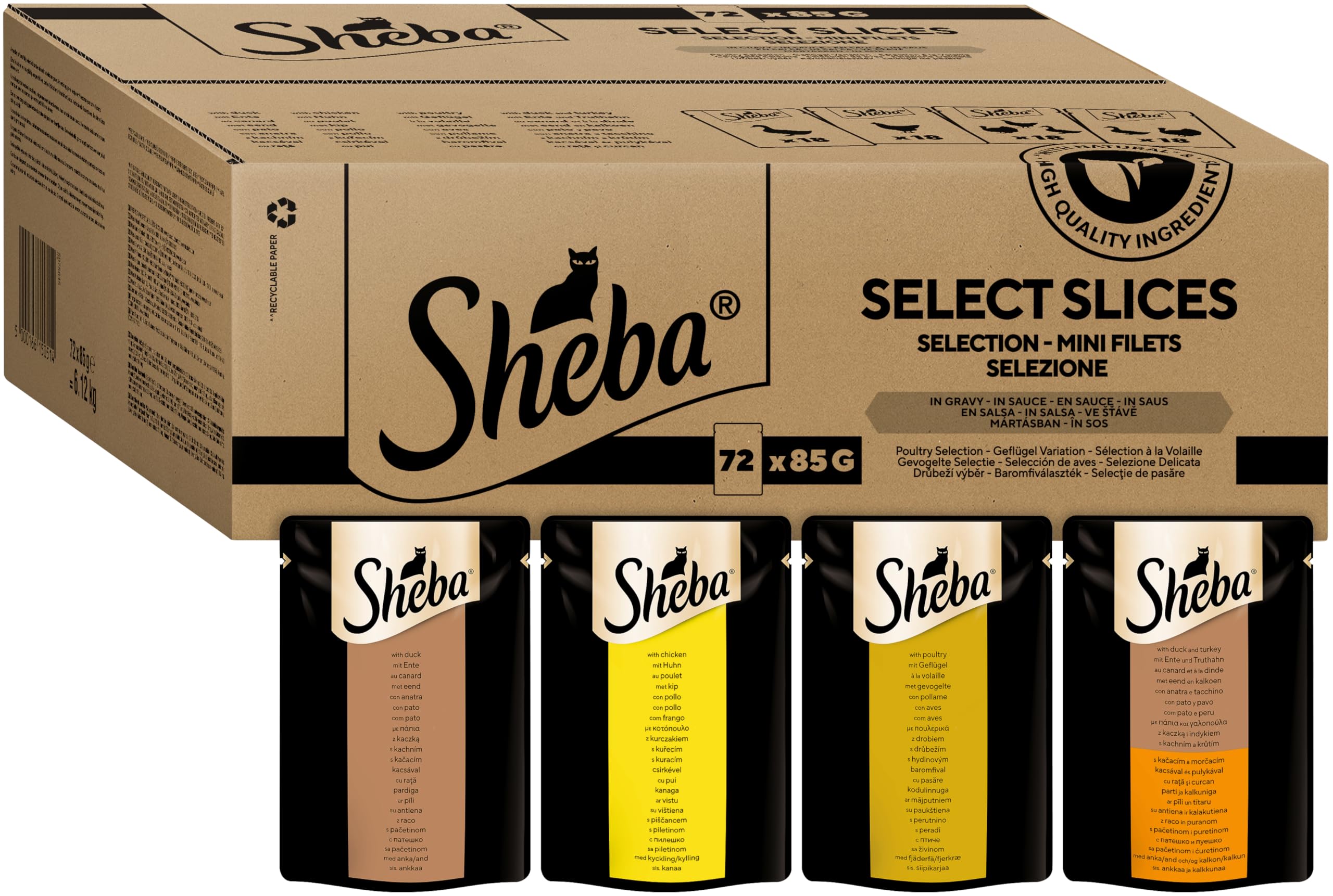 Sheba Katzennassfutter Selection in Sauce, 72 Portionsbeutel, 72x85g (1 Großpackung) – Katzenfutter nass, Geflügel Variation mit Ente, Huhn, Geflügel und Truthahn