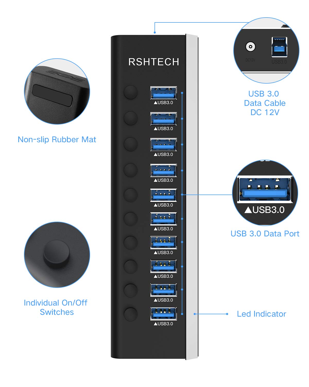 RSHTECH USB Hub Aktiv 3.0 mit 36W(12V/3A) Netzteil, Aluminium 10 Ports USB 3.0 Hub zum Laden und zur Datenübertragung, USB 3.0 Mehrfach Ports Verteiler mit EIN/Aus-Schalter und LED, RSH-A10