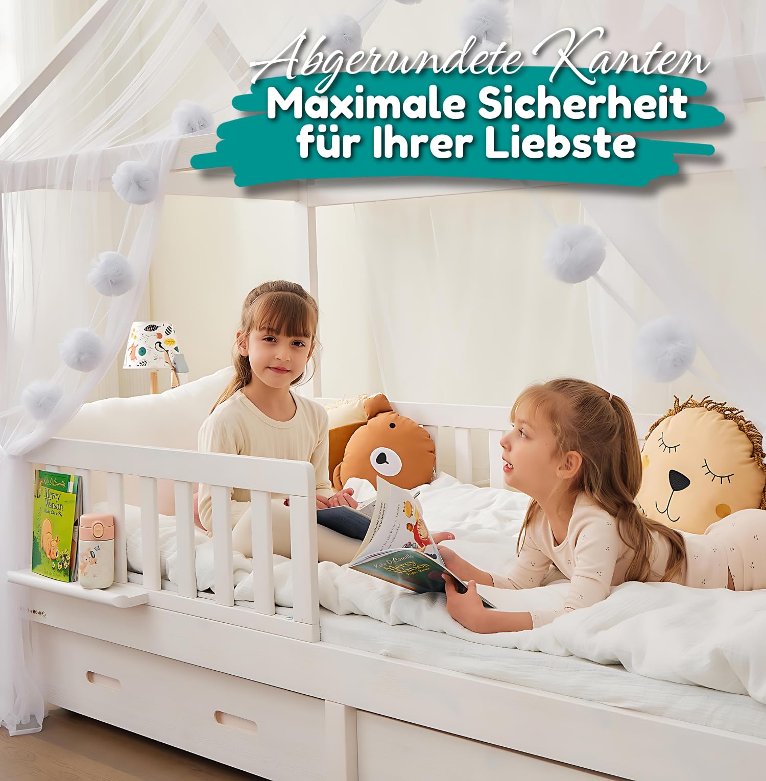 ALAVYA HOME® Hausbett 90x200 cm Cloud mit Schublade, Matratze und 3-TLG DEKO Set Khaki, inkl. Buchablage Rausfallschutz und Lattenrost, FSC zertifizierter I Kinderbett 90x200 für Mädchen und Jungen