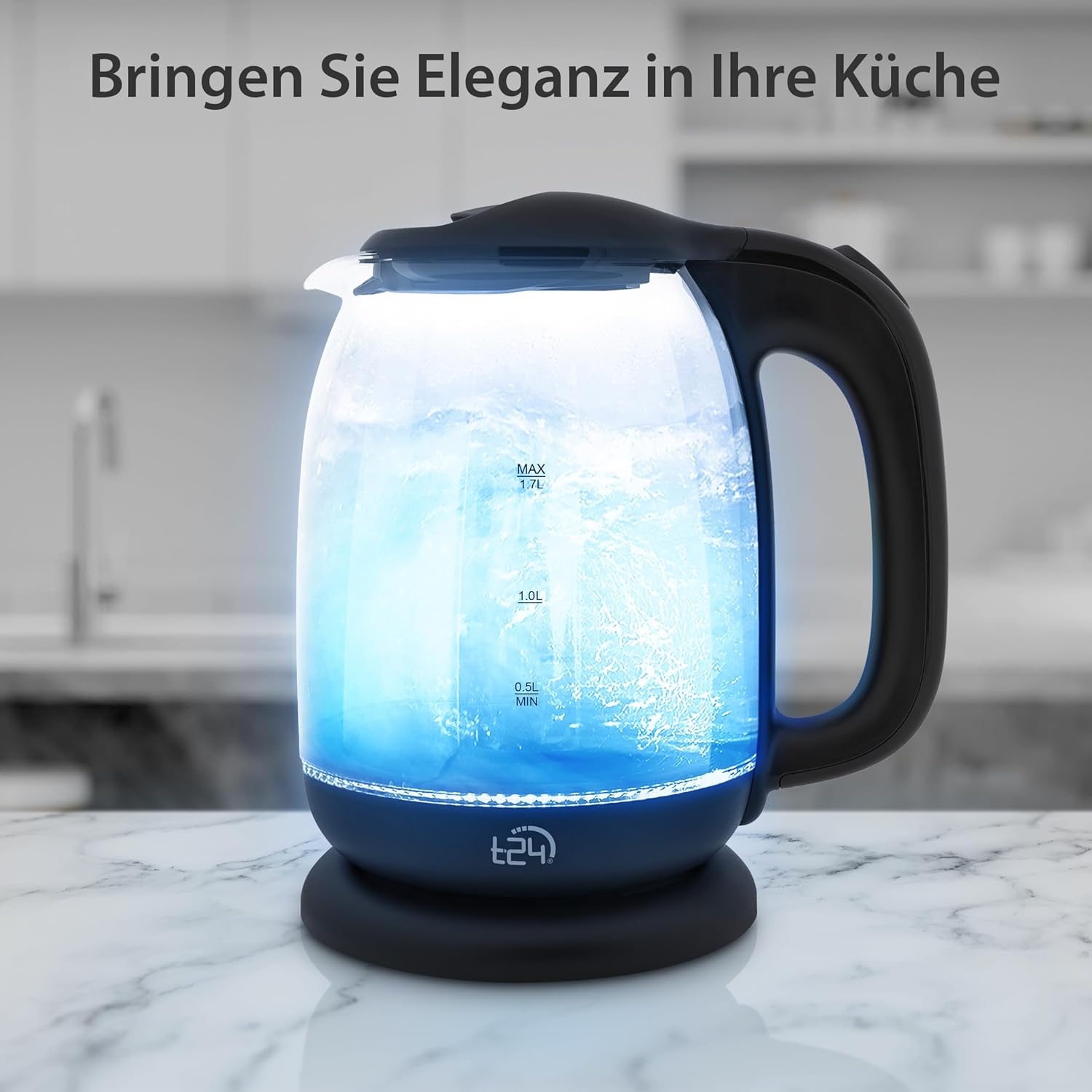 T24 Borosilikatglas Wasserkocher | 1,7 Liter | mit LED | 2200 Watt