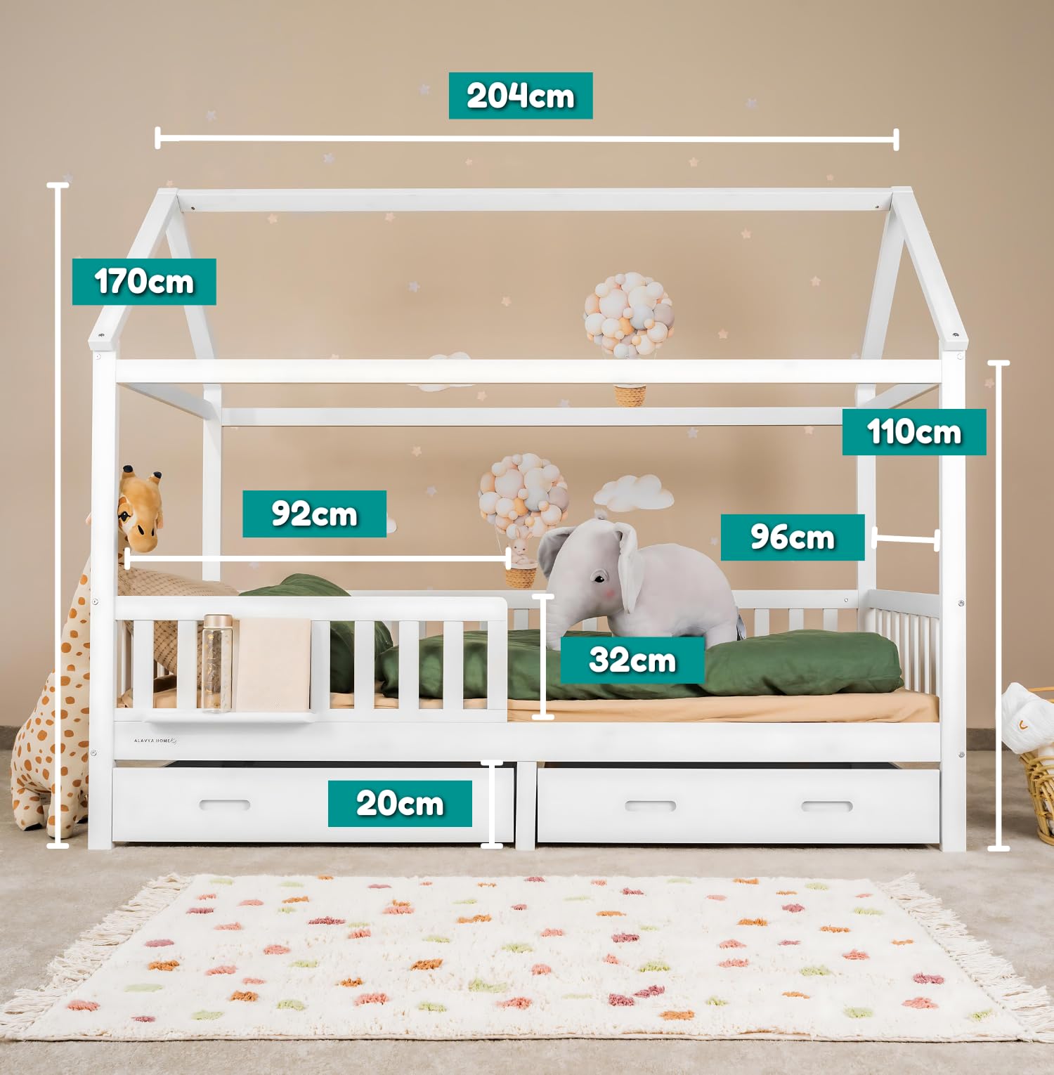 ALAVYA HOME® Hausbett 90x200 cm Cloud mit Schublade, Matratze und 3-TLG DEKO Set Khaki, inkl. Buchablage Rausfallschutz und Lattenrost, FSC zertifizierter I Kinderbett 90x200 für Mädchen und Jungen