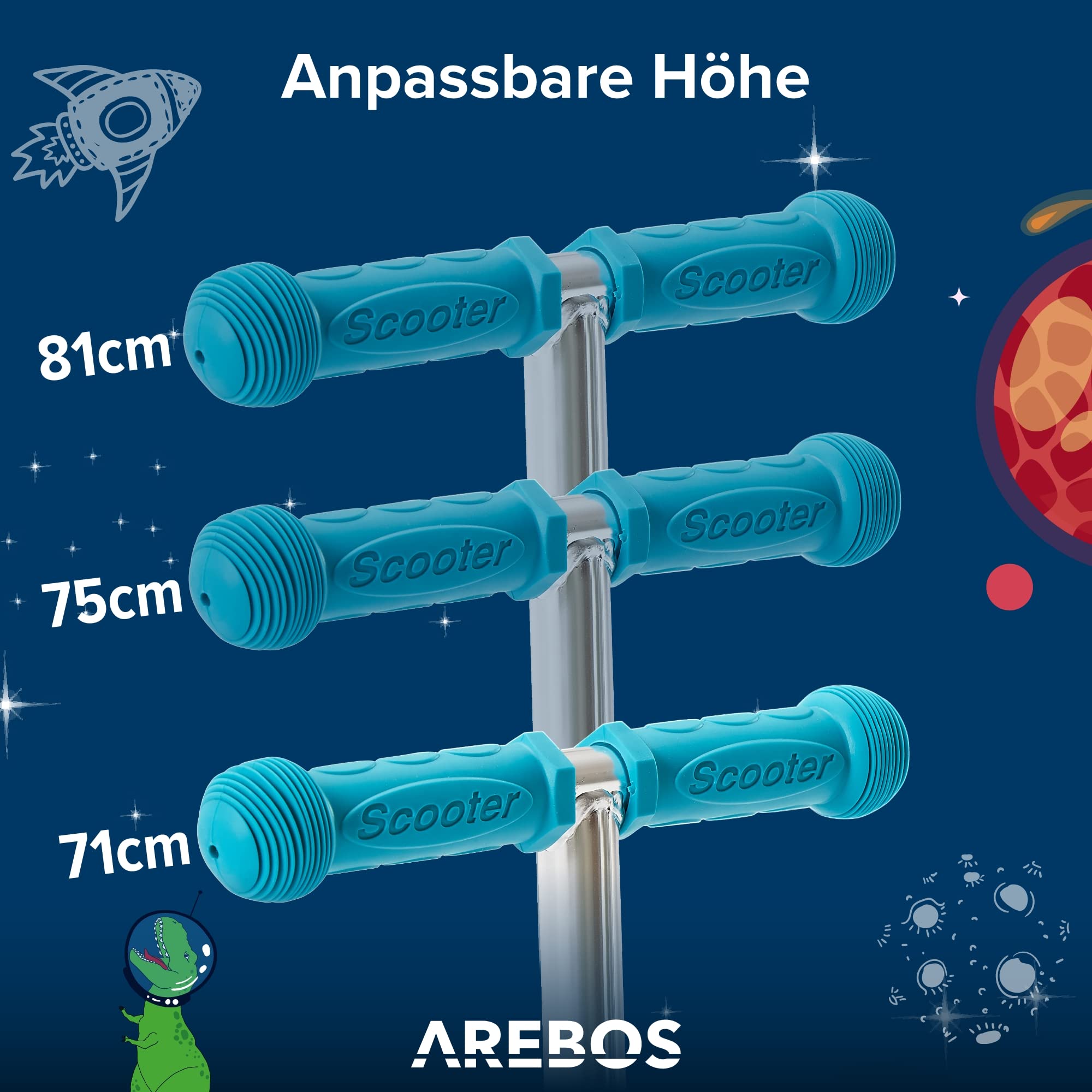 Arebos 3-in-1 Kinderroller mit Rückenlehne für Jungen & Mädchen | Cityroller Tretroller Scooter höhenverstellbarer Lenker & Sitz | LED-XXL Räder Tritt-Bremse | bis 50 kg belastbarer Roller | Blau