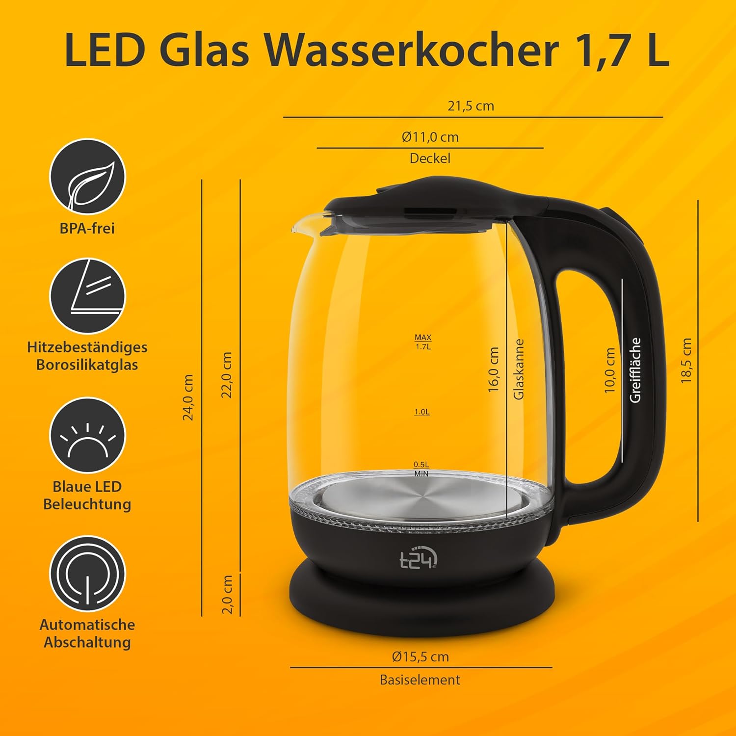 T24 Borosilikatglas Wasserkocher | 1,7 Liter | mit LED | 2200 Watt