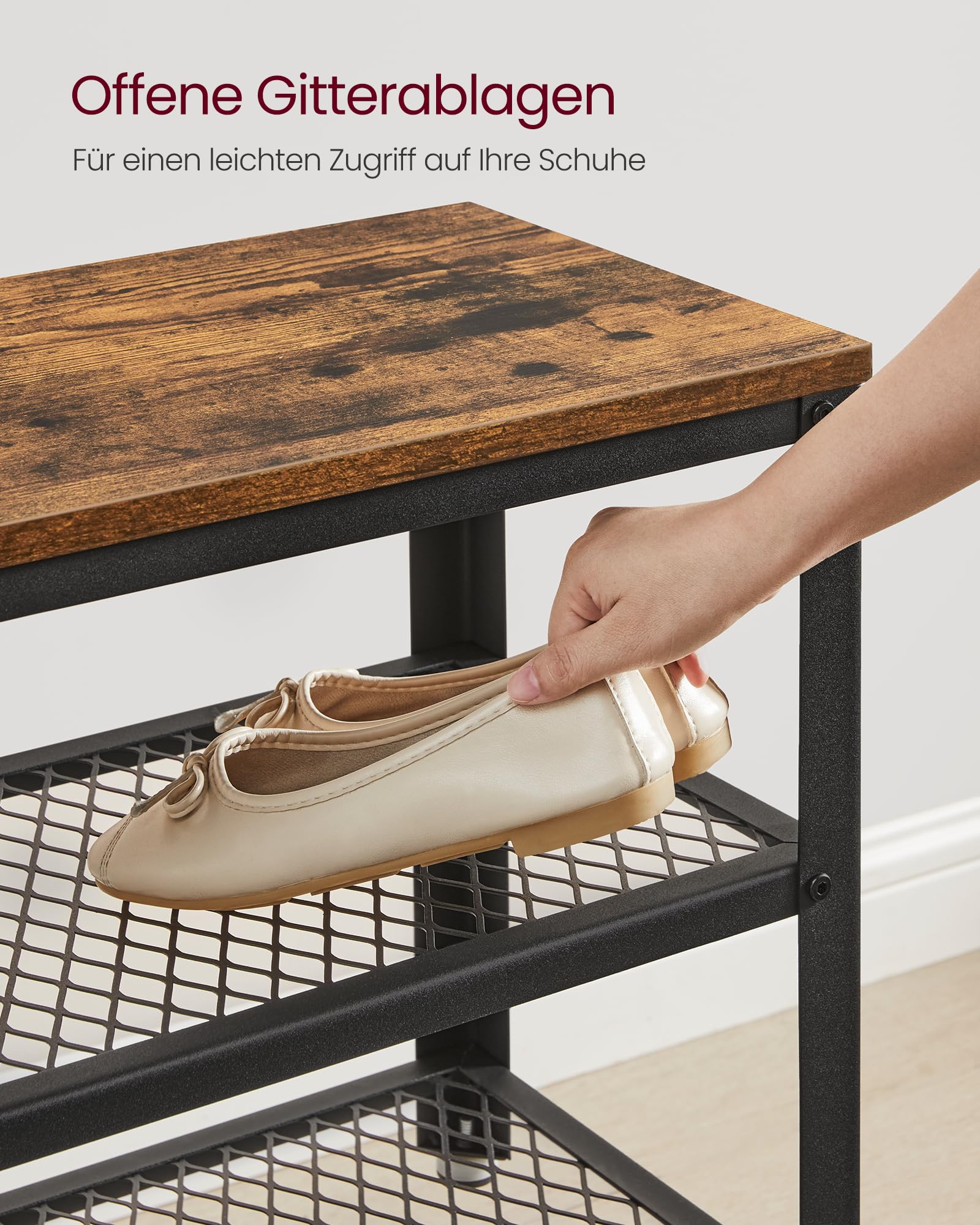 VASAGLE Schuhbank, Schuhregal mit 2 Gitterablagen, Aufbewahrung für Schuhe, 30 x 73 x 45 cm, für Eingangsbereich, Flur, Wohnzimmer, Metallgestell, Industrie-Design, vintagebraun-schwarz LBS73X