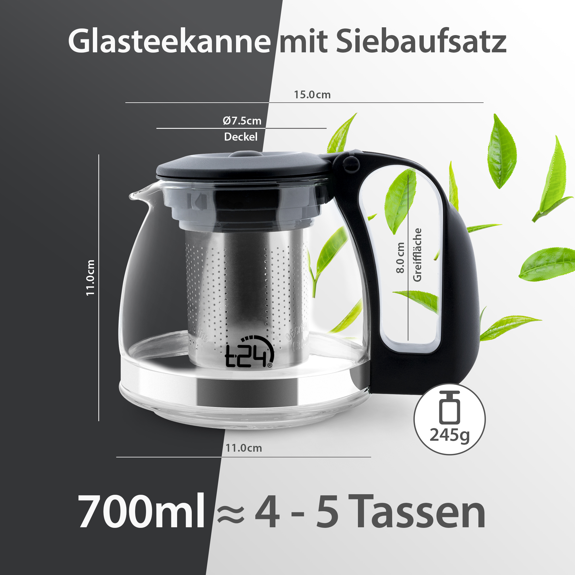 T24 Glas Teekanne Mit Edelstahlsieb, 700 Ml, Schwarz