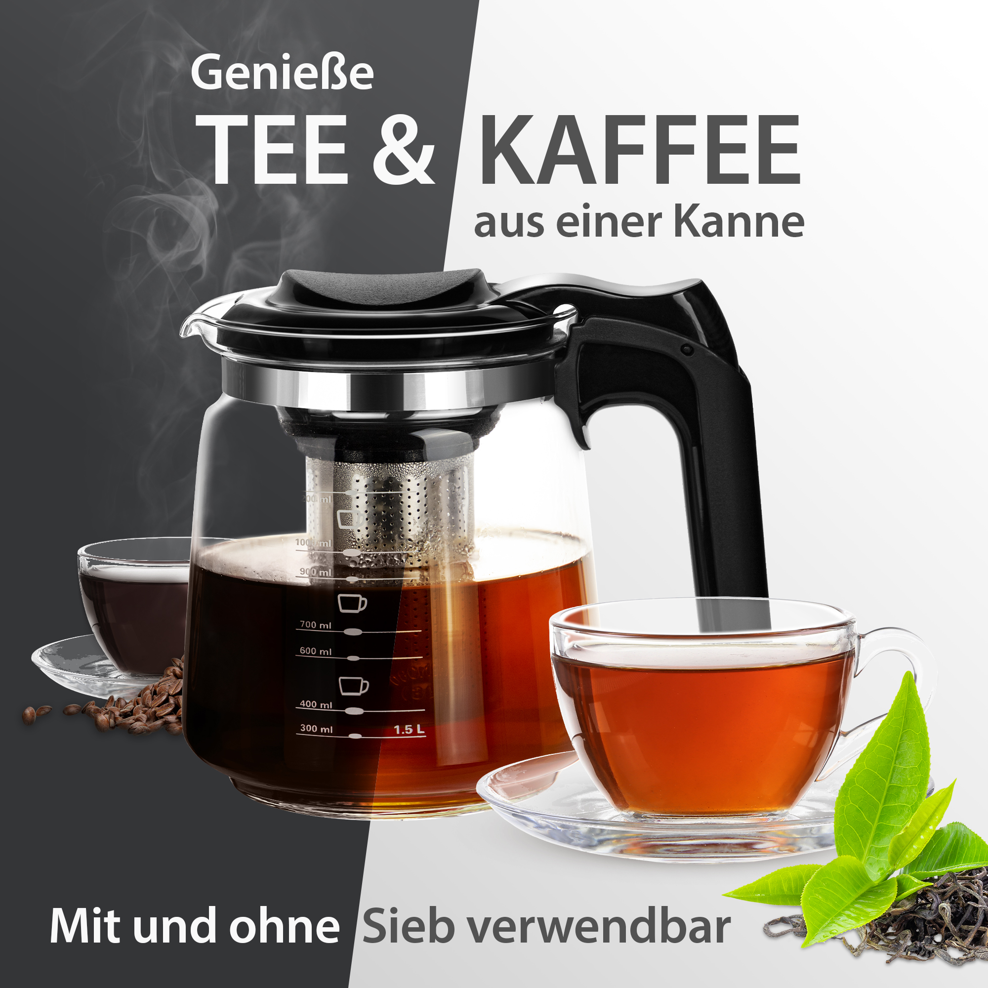 T24 Glas Teekanne Mit Edelstahlsieb Elegant, 1500 Ml, Schwarz