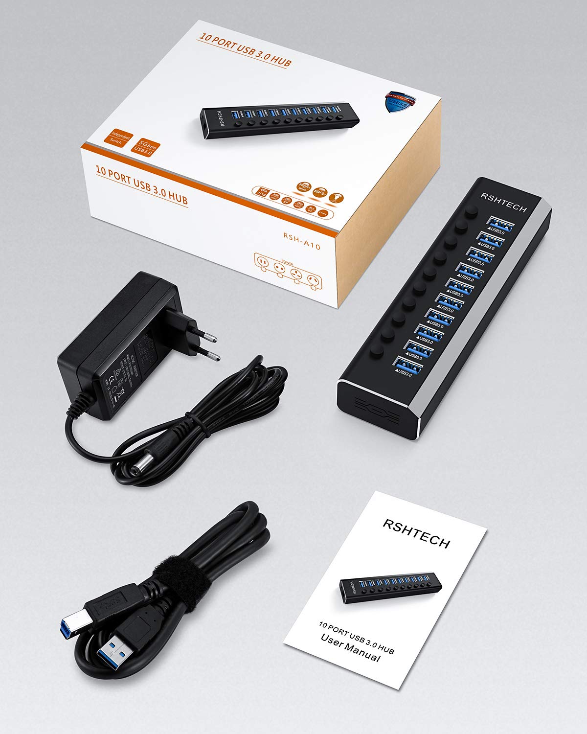 RSHTECH USB Hub Aktiv 3.0 mit 36W(12V/3A) Netzteil, Aluminium 10 Ports USB 3.0 Hub zum Laden und zur Datenübertragung, USB 3.0 Mehrfach Ports Verteiler mit EIN/Aus-Schalter und LED, RSH-A10