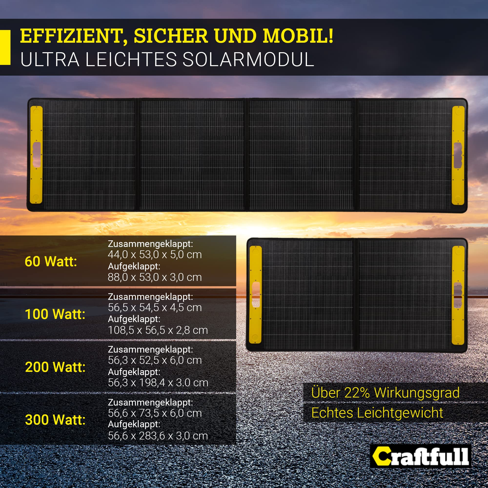 Craftfull Solarpanel faltbar 60w 100w 200w 300w - Solartasche Outdoor - Solarmodul für tragbare Powerstation - Balkonkraftwerk - Solaranlage mit 3 x USB Anschluss - Camping Solargenerator (60 Watt)