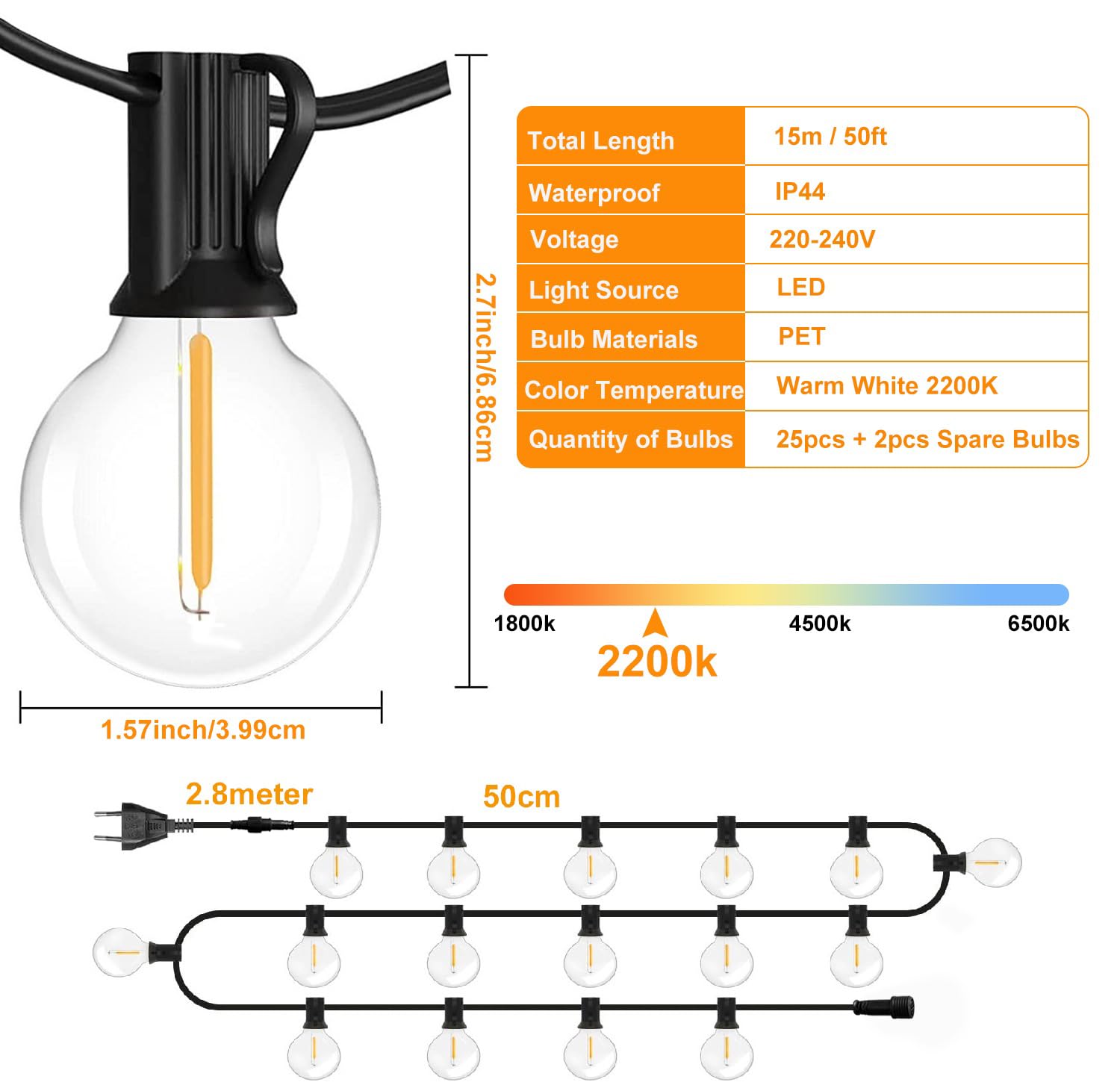 LED Lichterkette Außen - 15M Lichterkette Glühbirnen mit 27 Birnen LED Wetterfest G40 Warmweiße Strombetrieben für Garten, Balkon,Terrasse, Hochzeiten, Partys, Hof, Grill - Dimmer nicht enthalten