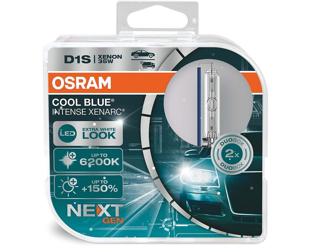 OSRAM XENARC COOL BLUE INTENSE D1S, +150% mehr Helligkeit, bis zu 6.200K, Xenon-Scheinwerferlampe, LED Look, Duo Box (2 Lampen)