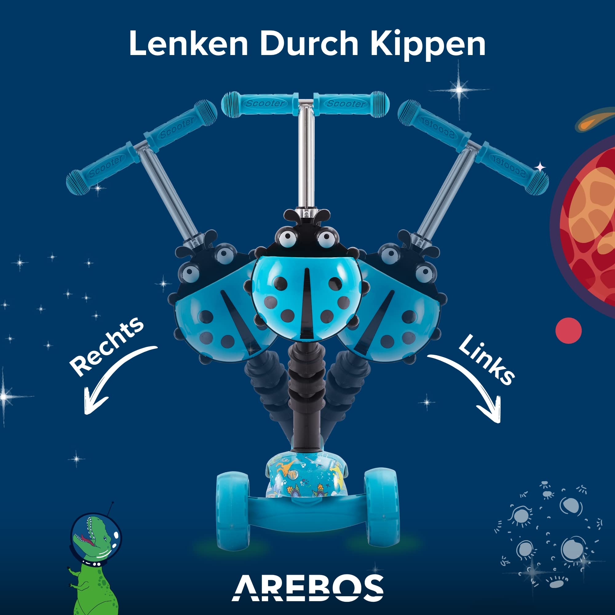 Arebos 3-in-1 Kinderroller mit Rückenlehne für Jungen & Mädchen | Cityroller Tretroller Scooter höhenverstellbarer Lenker & Sitz | LED-XXL Räder Tritt-Bremse | bis 50 kg belastbarer Roller | Blau